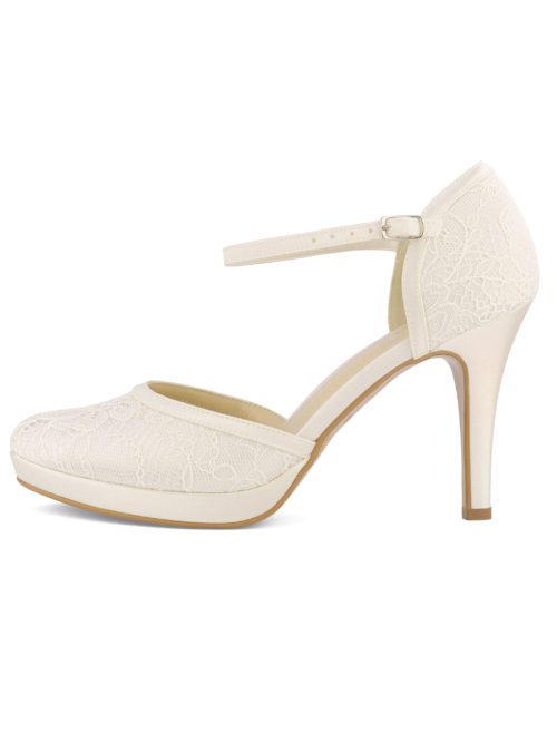 Bianco Evento. Brudesko model Maya. Smukke stiletter i blonde og satin med rem over vristen. Hælhøjde på 9,5 cm og plateau på 1,5 cm.