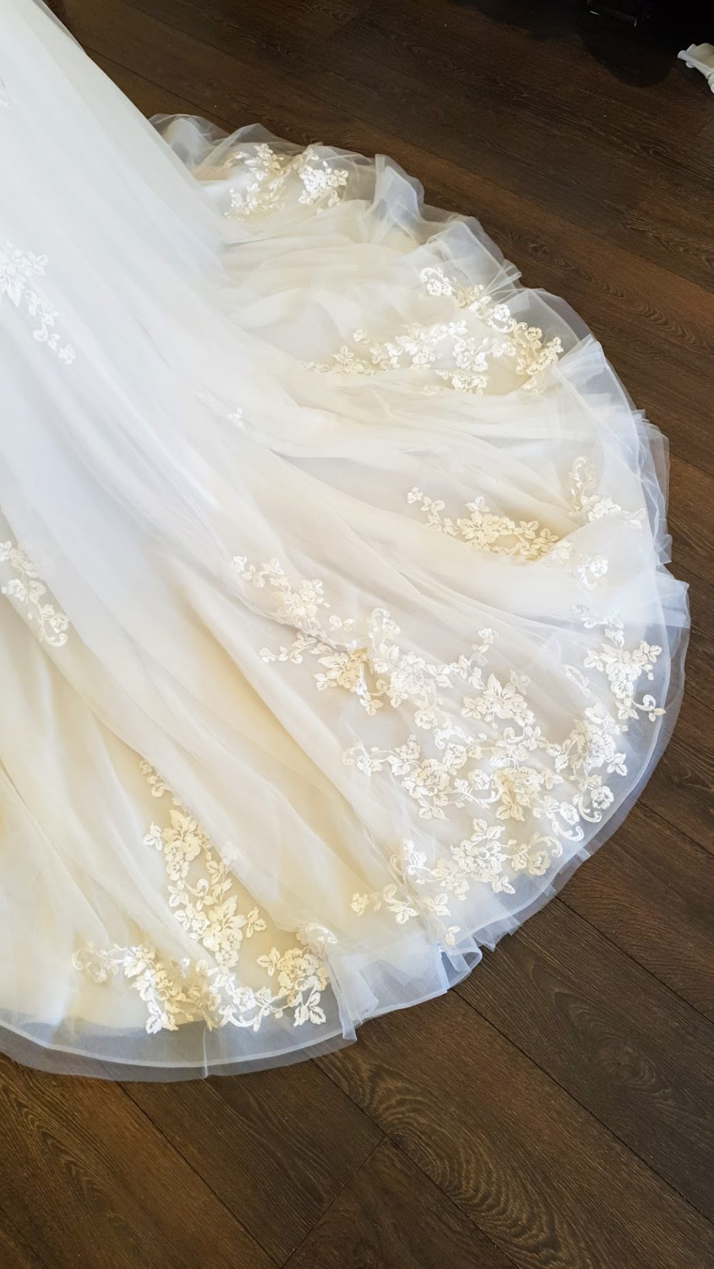 Colet Bridal. A-line brudekjole i tyl med masser af blonder, brede stropper, lukket ryg og et meget langt og smukt slæb.