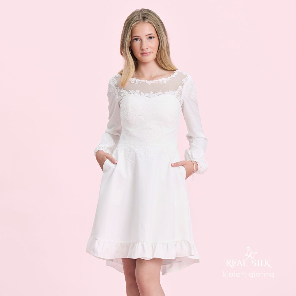 Realsilk konfirmationskjole 2026. Model Glorina - front2